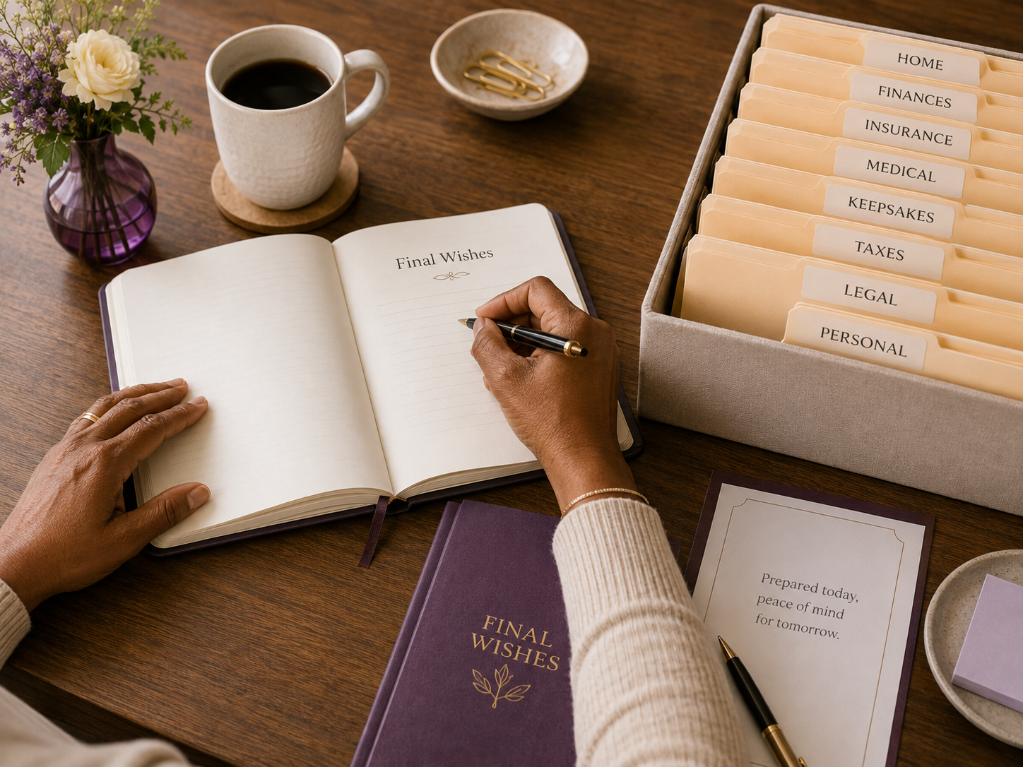 A person's hands writing in an elegant notebook labeled Final Wishes, beside a box of organized manila folders for Home, Finances, Insurance, Medical, Keepsakes, Taxes, Legal, and Personal