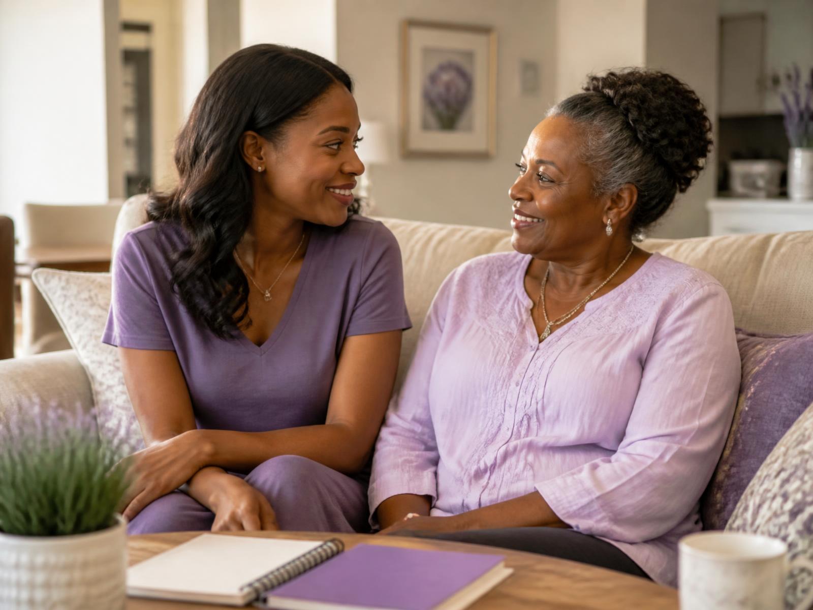 An adult daughter sitting beside her older mother, talking warmly at home with a notebook on the table